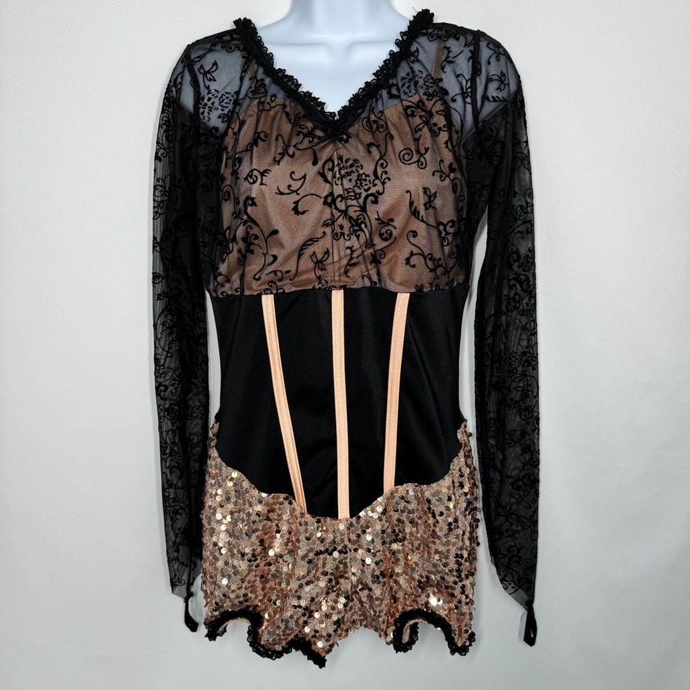 Dansco Dance Costume Black Lace & Rose Gold Sequin Leotard Jazz/Lyrical - XLA